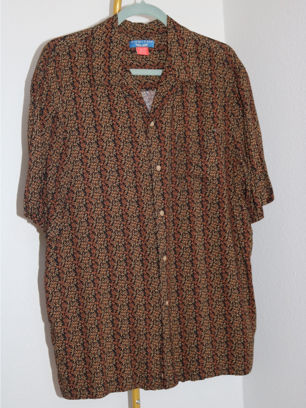 Vintage Y2K Puritan Rayon Hawaiian Camp Shirt Black Orange Bamboo Leaf Size L